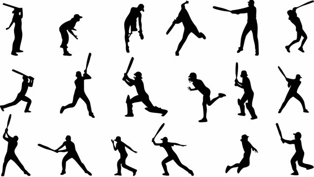 Vector illustration of baseball players in various poses swinging bats on transparent background