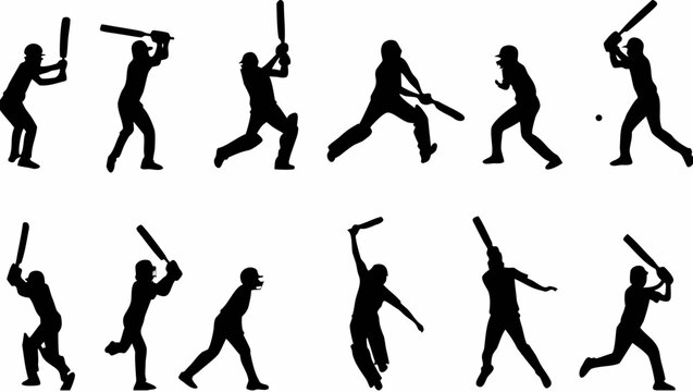 Vector illustration of various baseball player poses with bats on transparent background, showing different swings and movements in black silhouettes, sports graphics, baseball design elements.