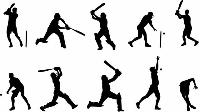 Vector cricket player silhouettes in various batting poses with bats on transparent background
