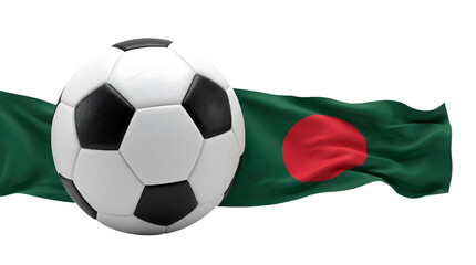 Naklejka premium Classic black and white soccer ball placed against a flowing bangladesh flag with football bangladesh bangladeshi competition national