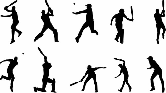 Vector baseball player silhouettes in various batting poses on transparent background