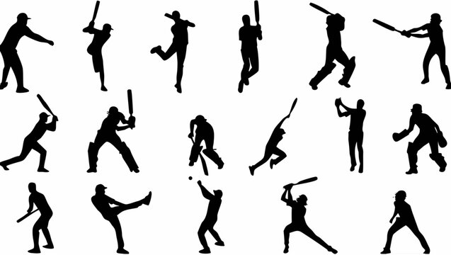 Baseball player silhouettes swinging bats in various poses vector illustration on transparent background