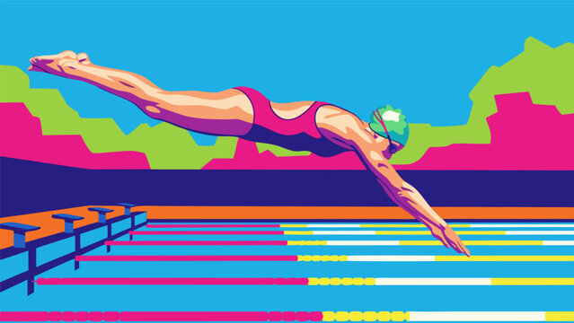 Female athlete dives into colorful swimming pool for 357.eps competition event quickly