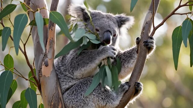 Adorable Koala Clinging to Eucalyptus Tree Branch and Eating Green Leaves in Natural Habitat