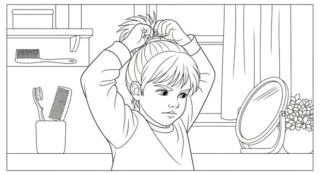 Little Girl Doing Hair in Bathroom.