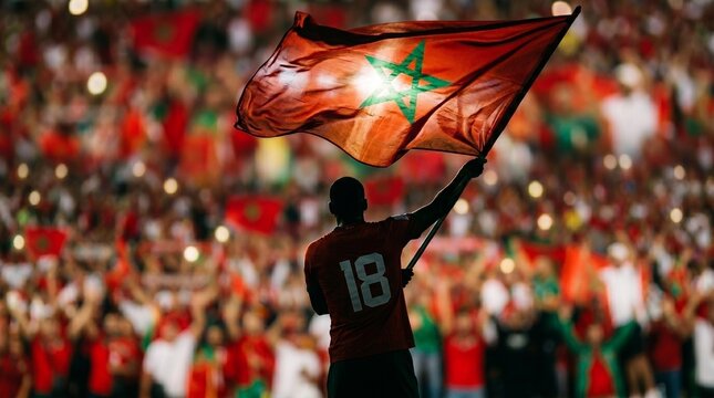 Moroccan fan waves flag in stadium crowd during sports event