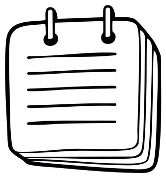 Illustrated notepad with horizontal lines, a stack of paper, and two fasteners, in a simple design.