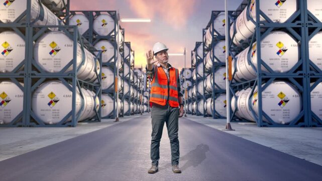 Full Body Of Asian Male Engineer With Safety Helmet Disapproving With No Hand Sign While Standing at Industrial Chemical Tank Container Storage Facility