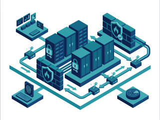 Fototapeta premium Isometric data center network servers with cooling system and digital infrastructure illustration