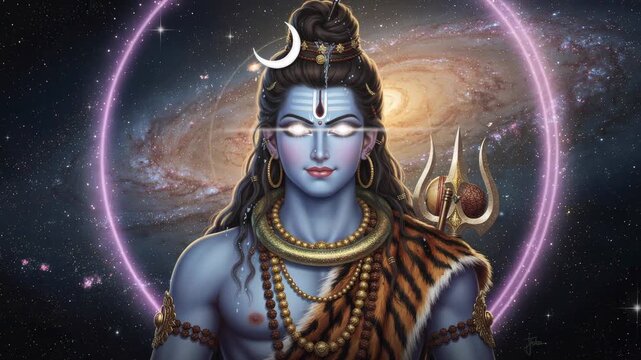 Divine cosmic illustration of Hindu god Shiva with glowing eyes and trident in space background