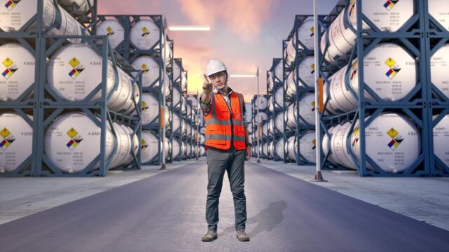 Full Body Of Asian Male Engineer With Safety Helmet Disapproving With No Index Finger Sign While Standing at Industrial Chemical Tank Container Storage Facility