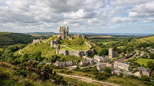 Corfe Castle ruins on a grassy hill overlooking a quaint village and rolling green landscape under a cloudy sky historic landmark and travel destination