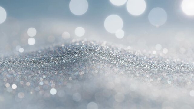 Close up of sparkling silver glitter texture with bokeh lights for festive background and decoration