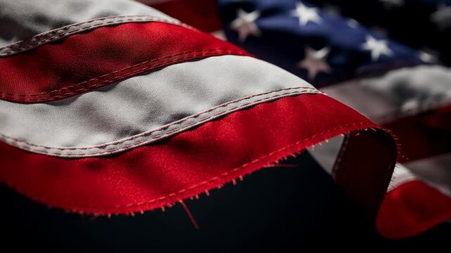 Close up of American flag waving with stars and stripes vibrant red white and blue colors