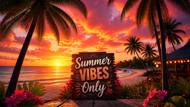 summer holiday background, Inspirational Summer Vibes Only quote on sunset beach background, tropical ocean landscape with motivational text, peaceful summer evening sea
