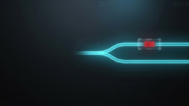 Dark Technology Risk Review Header With Cyan Split Data Route, Red Alert Tile In Transparent Containment Bracket And Large Copy Space
