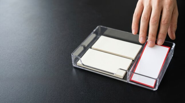 Blank red edged task card isolated in transparent desk tray on dark review table with hand pause business exception review concept and copy space