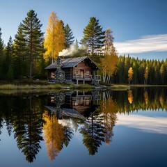 Fototapeta premium Autumn forest lake with rustic cabin reflection.