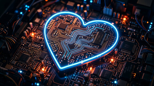 Glowing heart shaped circuit board on electronic background