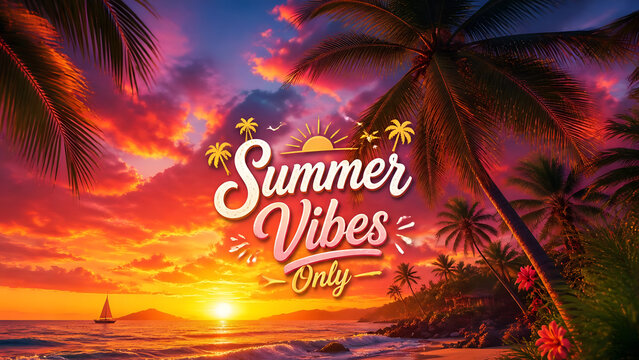 summer holiday background, Inspirational Summer Vibes Only quote on sunset beach background, tropical ocean landscape with motivational text, peaceful summer evening sea