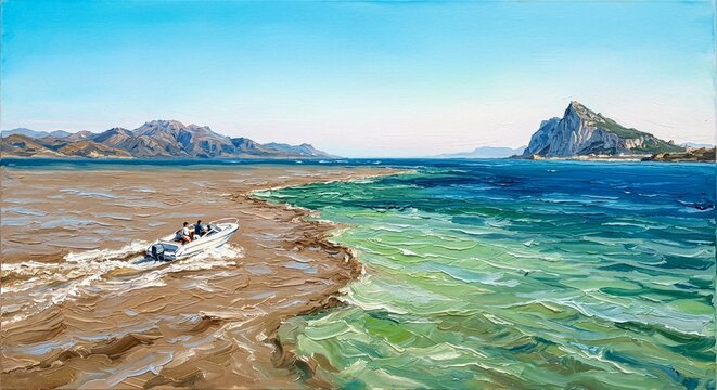 Textured oil painting of a speedboat crossing a sandbar beside turquoise coastal waters, distant mountains and rocky island beneath a clear sky, vibrant seascape with sunlight.