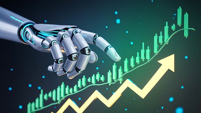 Artificial intelligence trading system with robotic hand and market growth chart