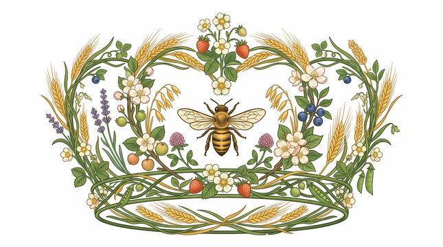 A detailed illustration of a bee at the center of a crown made from various natural elements like wheat, lavender, berries, and blossoms, on a white background.