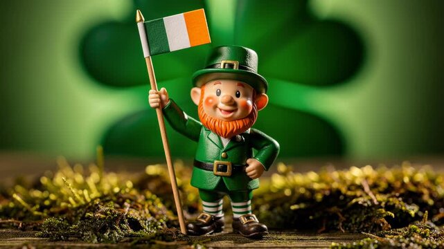 Happy leprechaun figurine holding Irish flag with shamrock background celebrating St Patrick's Day