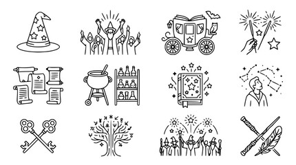 Magic and Wizardry Icons: Hat, Wand, Cauldron, Carriage, Book, Stars, Keys © Malam