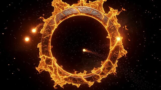 Fiery glowing ring with sparks and flames on dark background magical fantasy concept