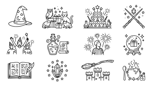Magic and Fantasy Icons: Wizard Hat, Owl, Cat, Cake, Wands, Potion, Scroll, Crystal, Broomstick, Castle, Cauldron, Book
