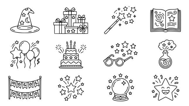 Magic and Celebration Icons: Wizard Hat, Gifts, Wand, Book, Cake, Stars, Balloons