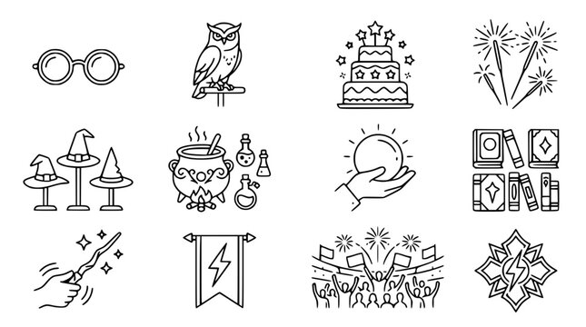 Magic and Wizardry Icons: Glasses, Owl, Cake, Fireworks, Hats, Potions, Crystal Ball, Books, Wand, Banner