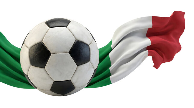 Classic soccer ball with flowing italian flag football national competition athletic tournament championship international patriotism