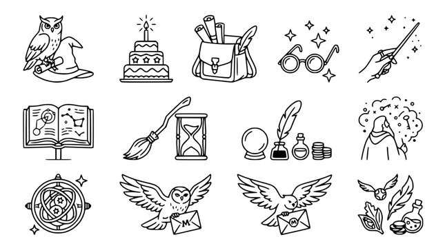 Magical School Symbols: Owl, Wand, Potion, Book, Hat, Glasses, Broomstick, Hourglass, Crystal Ball