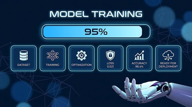 AI model training progress 95% complete, showing dataset, neural network, optimization, low loss, high accuracy, and readiness for deployment.