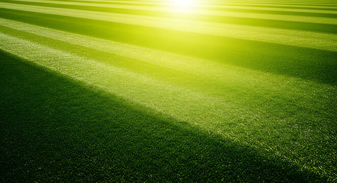 Sunlit football pitch with striped grass pattern sunlight exercise training professional athletic