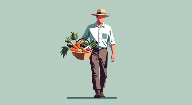 Farmer carrying basket of fresh vegetables, healthy organic food, harvest season, rural lifestyle