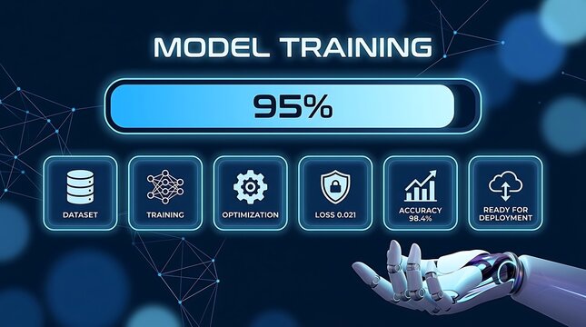 Advanced AI Model Training Progress at 95%, Showing Dataset, Neural Network Training, Optimization, and Ready for Deployment
