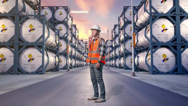 Full Body Side View Of Asian Male Engineer With Safety Helmet Thinking And Looking Around Then Raising His Index Finger While Standing at Industrial Chemical Tank Container Storage Facility