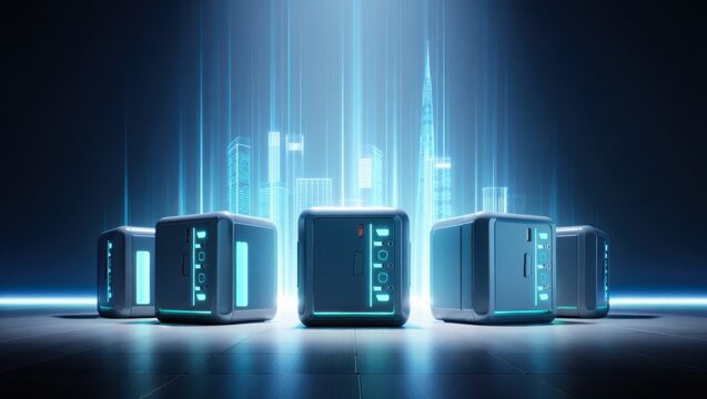 Futuristic data servers illuminated with glowing blue light beams in a high-tech digital infrastructure setting