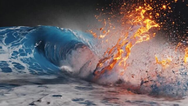 Surreal wave breaking with fiery orange core and misty spray against a dark background in slow motion