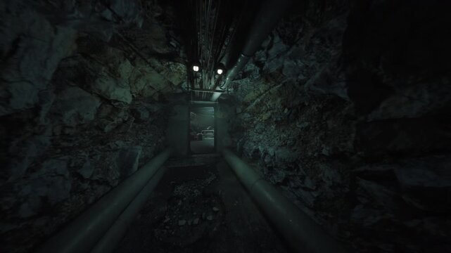narrow rocky tunnel with overhead pipes, damp walls and distant illuminated doorway creating tense claustrophobic atmosphere moss and rust coat metal conduits,