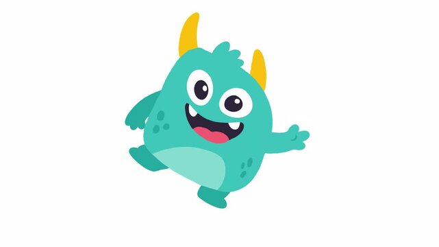 Cute blue monster waving and dancing happily on white background