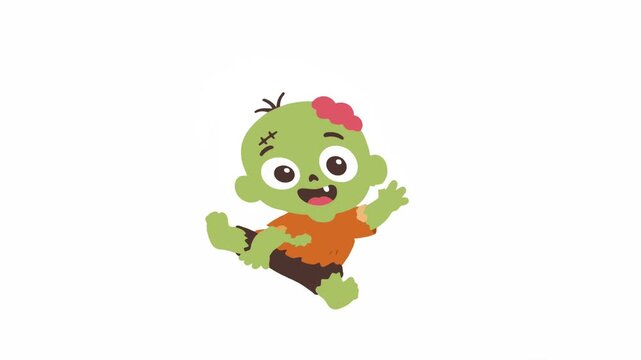 Cute baby zombie monster character waving and kicking animation