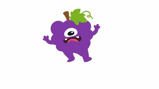 Animated one eyed grape monster dancing on white background