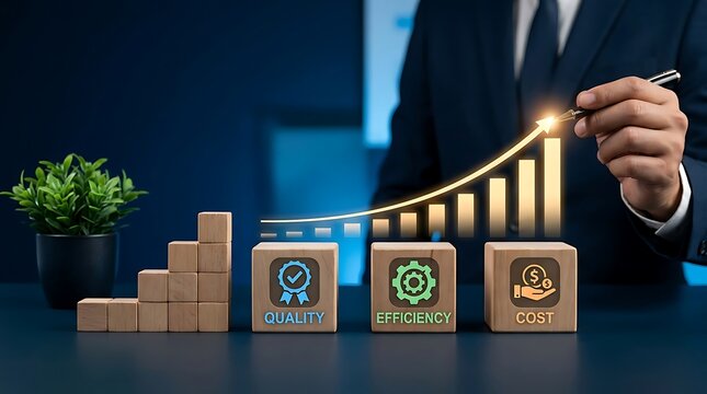 Business Growth Strategy: Cubes show Quality, Efficiency, and Cost reduction leading to upward financial chart progression.