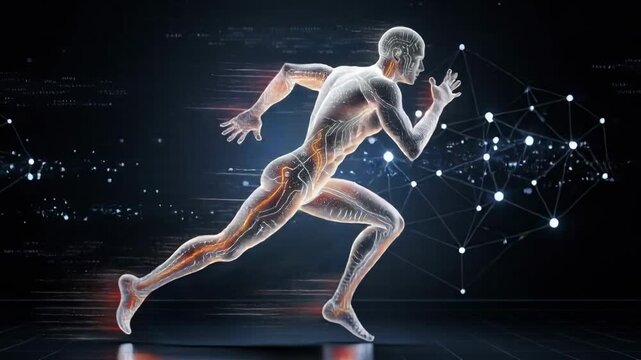 Digital illustration of a futuristic athlete running with glowing neural connections and biomechanics visualization