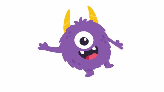 Friendly purple monster with one eye dancing on white background
