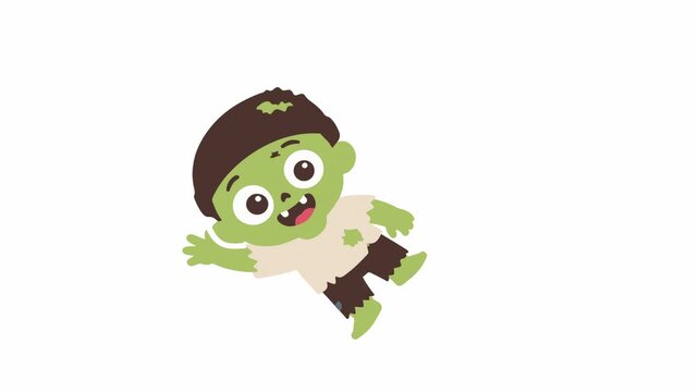 Cute green zombie boy waving and floating on white background